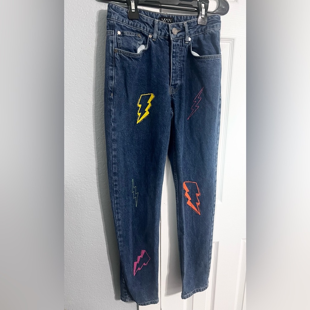 Boohoo Man Jeans Dark Blue Denim Lightning Bolt Design Size 28 Regular Fit